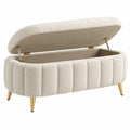 Banc coffre ovale 120 x 45 x 48 cm tissu bouclette écru pieds métal doré rangement contemporain
