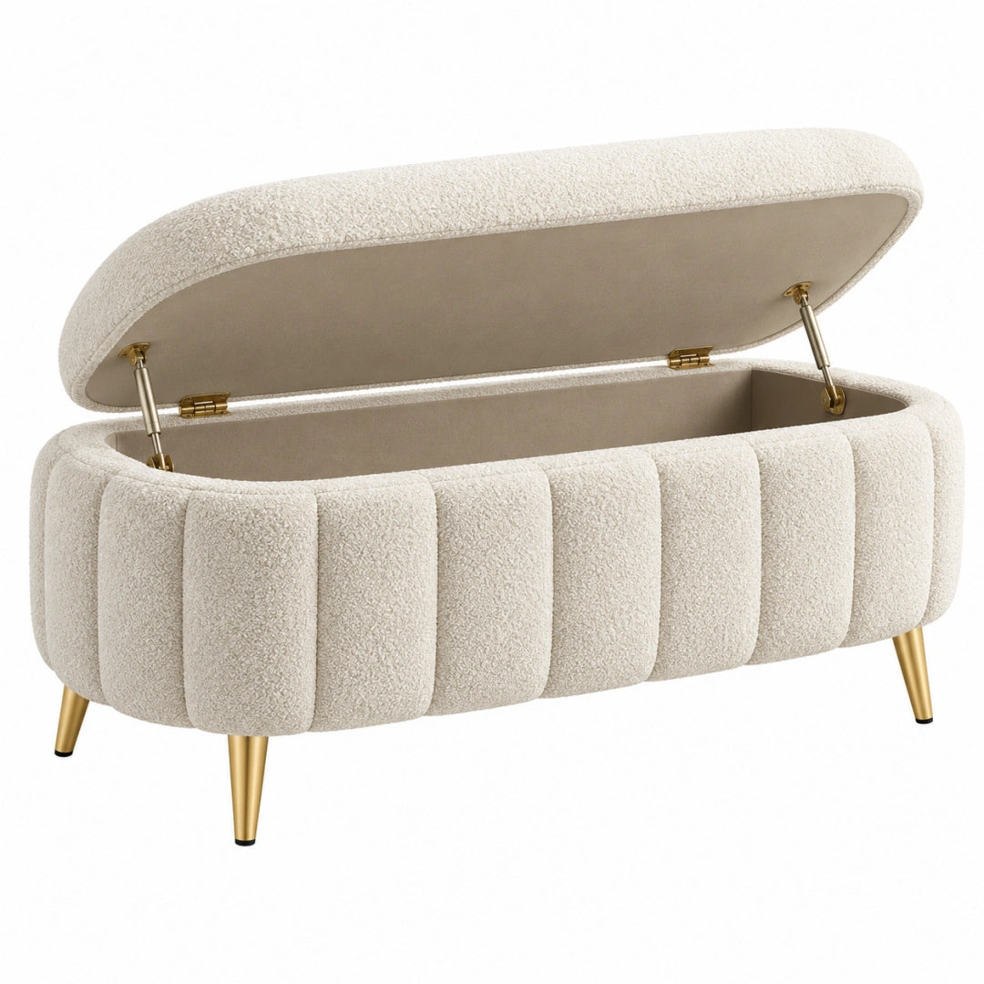 Banc coffre ovale 120 x 45 x 48 cm tissu bouclette écru pieds métal doré rangement contemporain