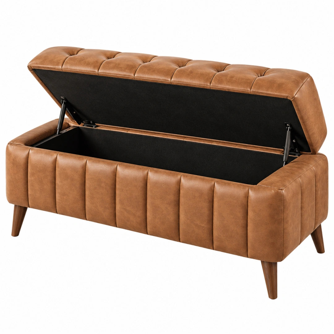 Banquette coffre 120 x 45 x 50 cm en revêtement aspect cuir marron style capitonné