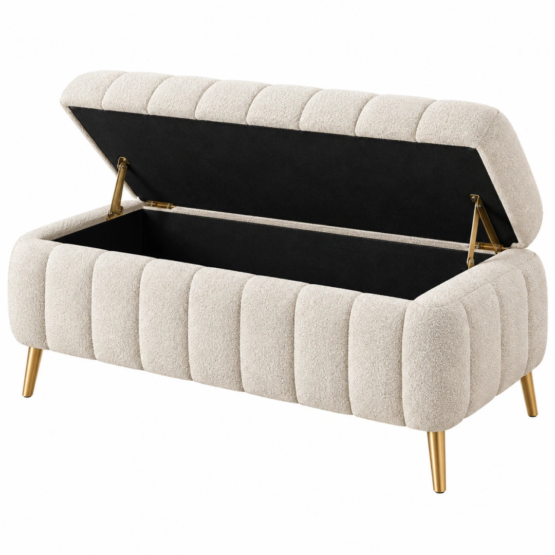 Banc coffre de rangement 120 x 45 x 48 cm en tissu bouclette beige avec pieds métalliques dorés style contemporain