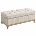 Banc coffre capitonné 120 x 45 x 48 cm en tissu beige avec pieds en bois