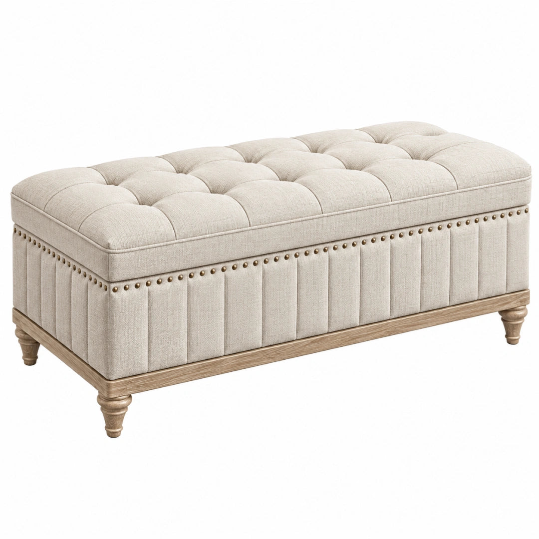 Banc coffre capitonné 120 x 45 x 48 cm en tissu beige avec pieds en bois