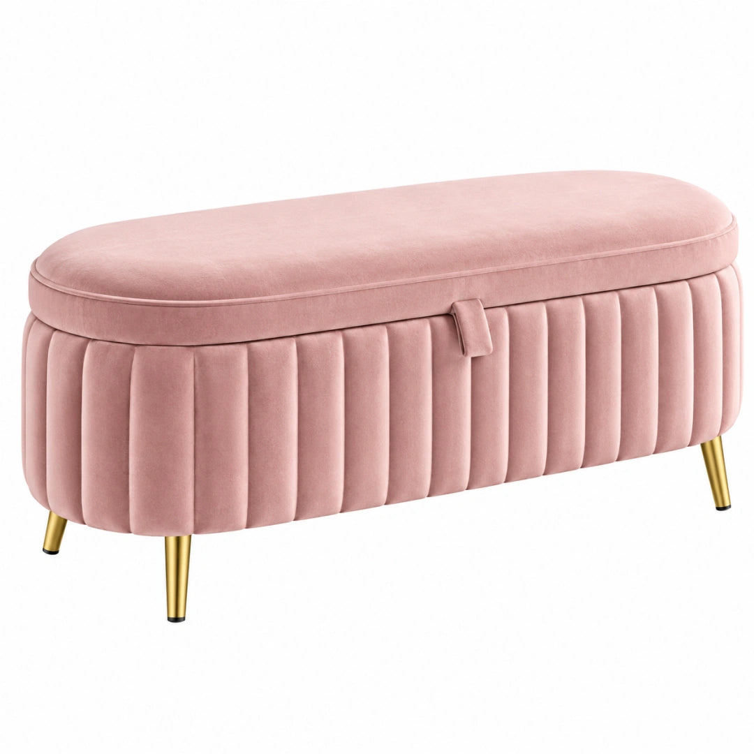 Banc coffre de rangement 100 x 40 x 42 cm en velours rose style glamour