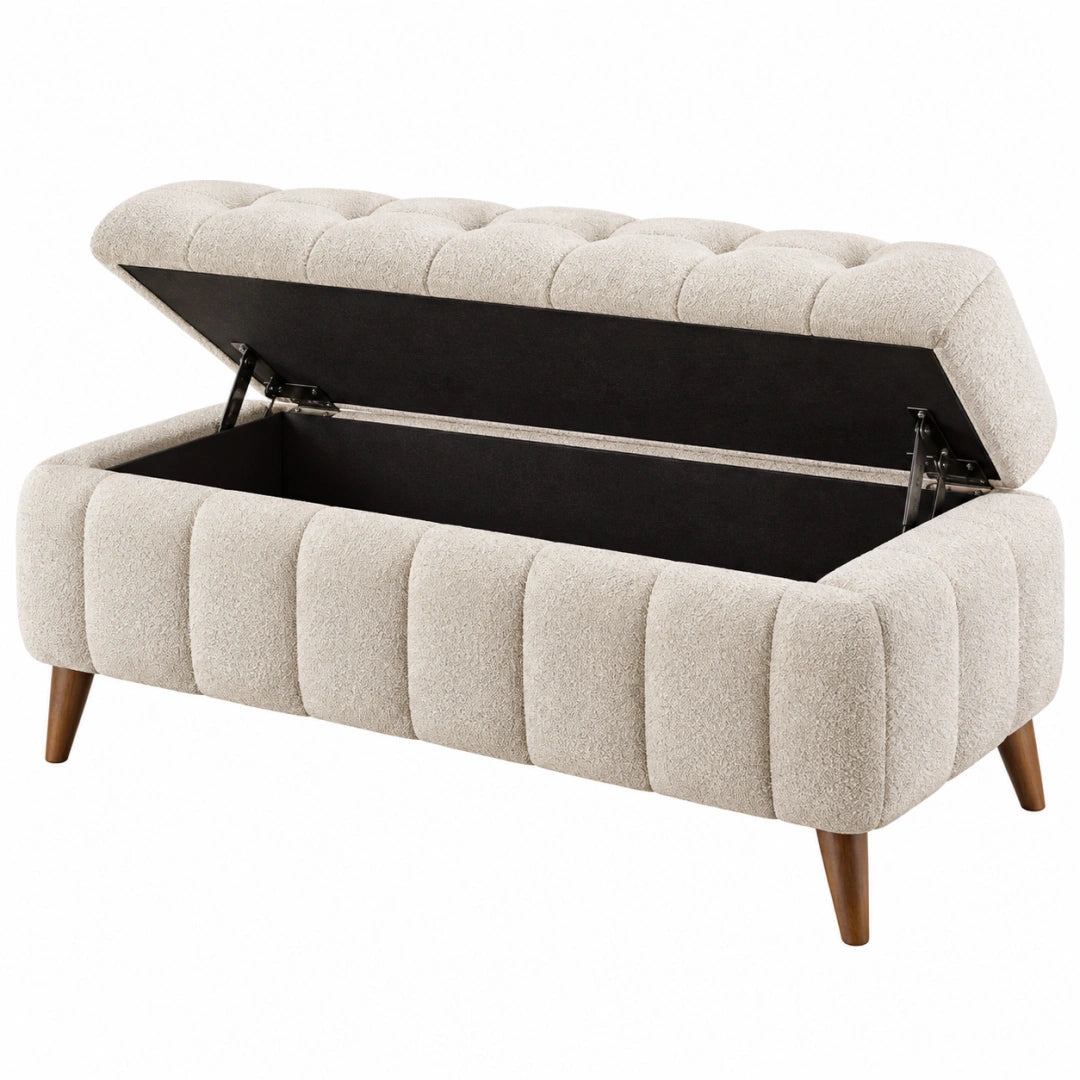 Banc coffre 100 x 40 x 45 cm en tissu bouclette beige avec rangement style contemporain