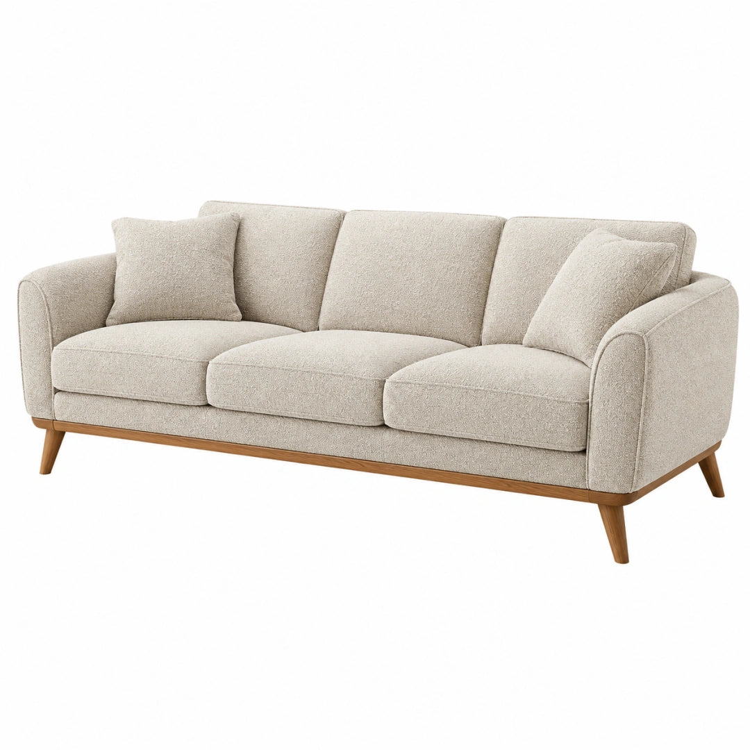 Canapé 3 places 220 cm en tissu bouclette beige avec pieds en bois style contemporain