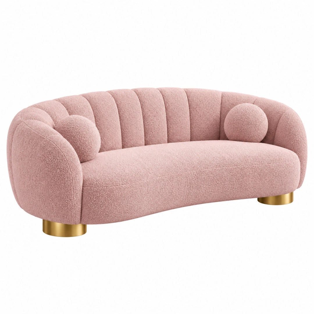 Canapé 2 places 180 x 85 x 78 cm en tissu bouclette rose pieds métal doré style arrondi