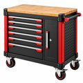 Servante d'atelier 110 x 46 x 97 cm acier noir rouge plateau bambou mobile à 7 tiroirs