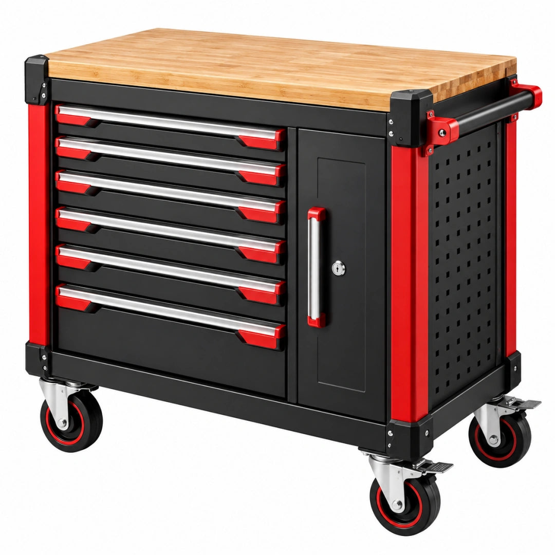 Servante d'atelier 110 x 46 x 97 cm acier noir rouge plateau bambou mobile à 7 tiroirs