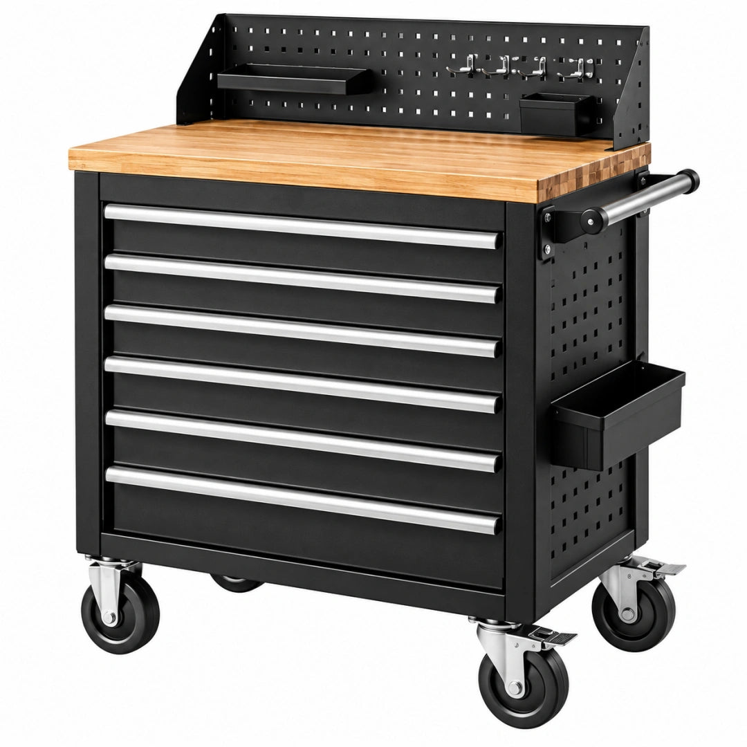 Servante d'atelier 100 x 50 x 100 cm en acier noir avec plateau en bois à roulettes