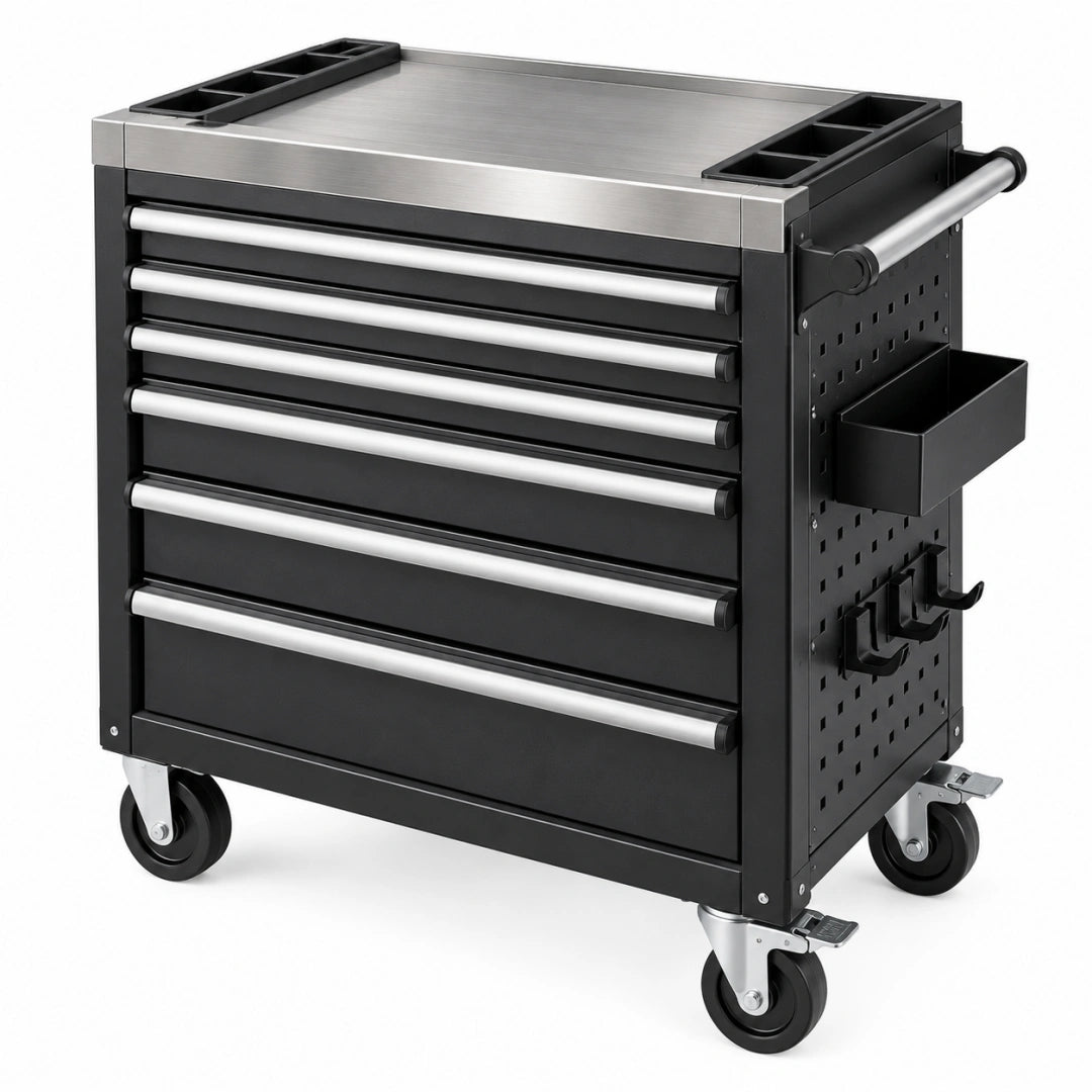 Servante d'atelier 80 x 45 x 96 cm en acier noir et argent à 7 tiroirs mobile