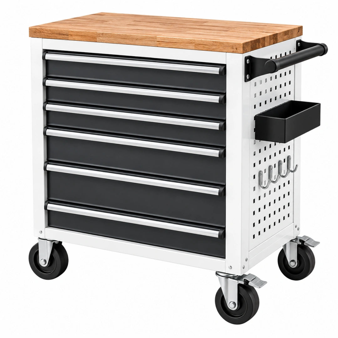 Servante d'atelier 77 x 46 x 97 cm en acier noir et blanc avec plateau en bois à roulettes