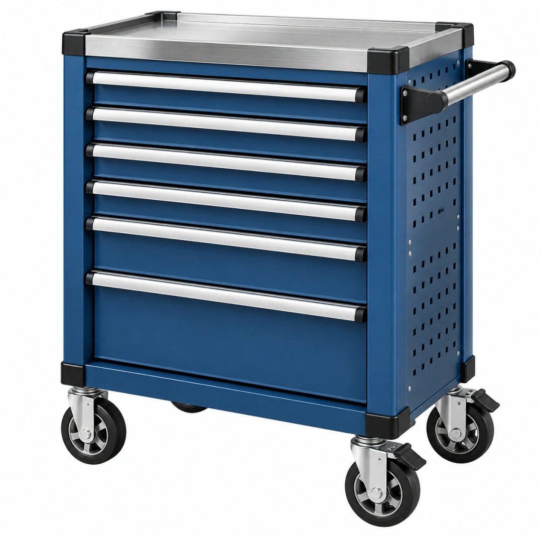 Servante d atelier 80 x 46 x 97 cm en acier bleu avec 7 tiroirs et roulettes freinées