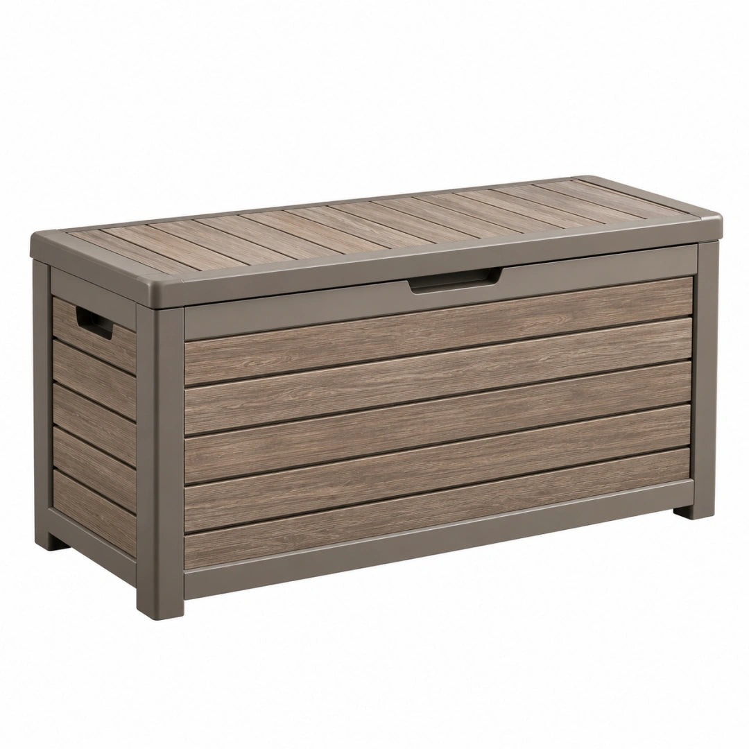 Coffre de rangement extérieur 120 x 60 x 65 cm en résine taupe effet bois avec couvercle