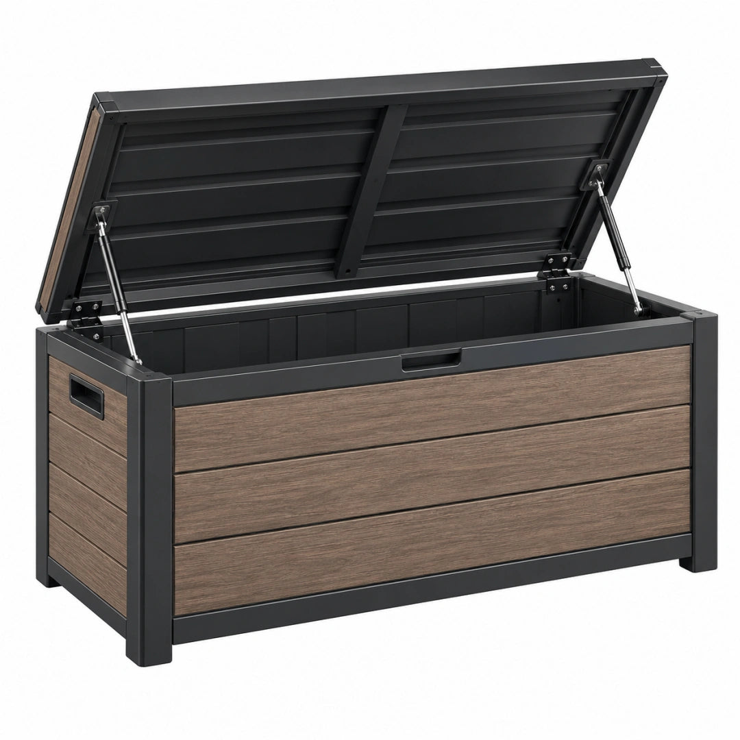 Coffre de rangement extérieur 120 x 60 x 63 cm aluminium effet bois marron et noir avec couvercle à vérins