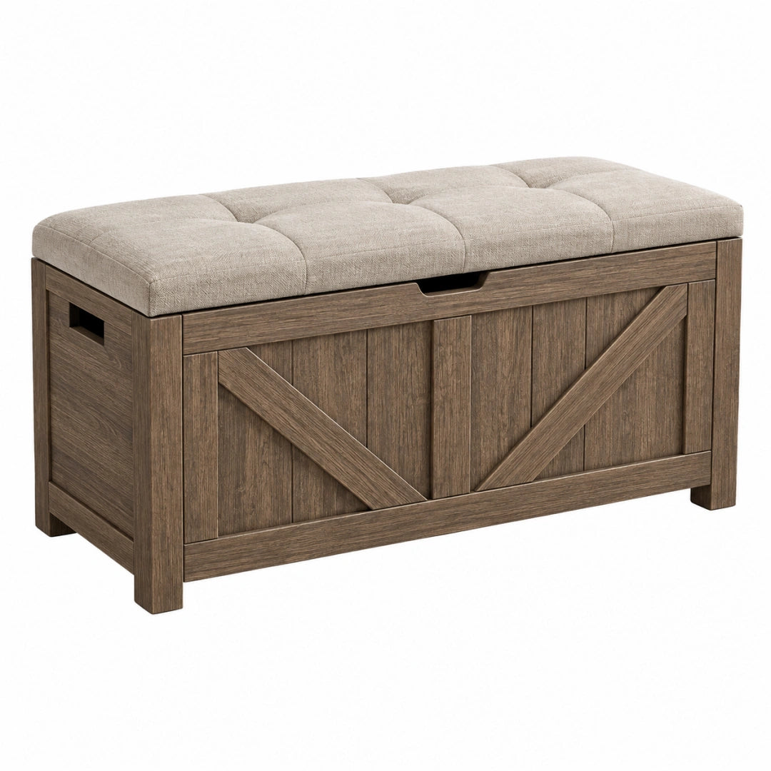 Banc coffre de rangement 100 x 40 x 50 cm bois brun avec assise capitonnée beige style rustique