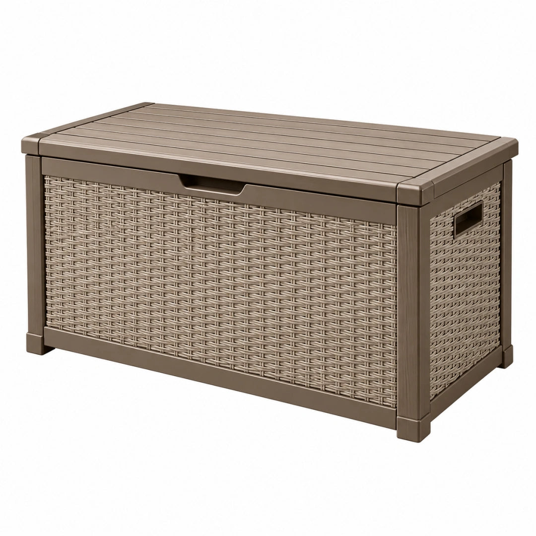 Coffre de rangement extérieur 120 x 55 x 60 cm en résine taupe tressée à couvercle