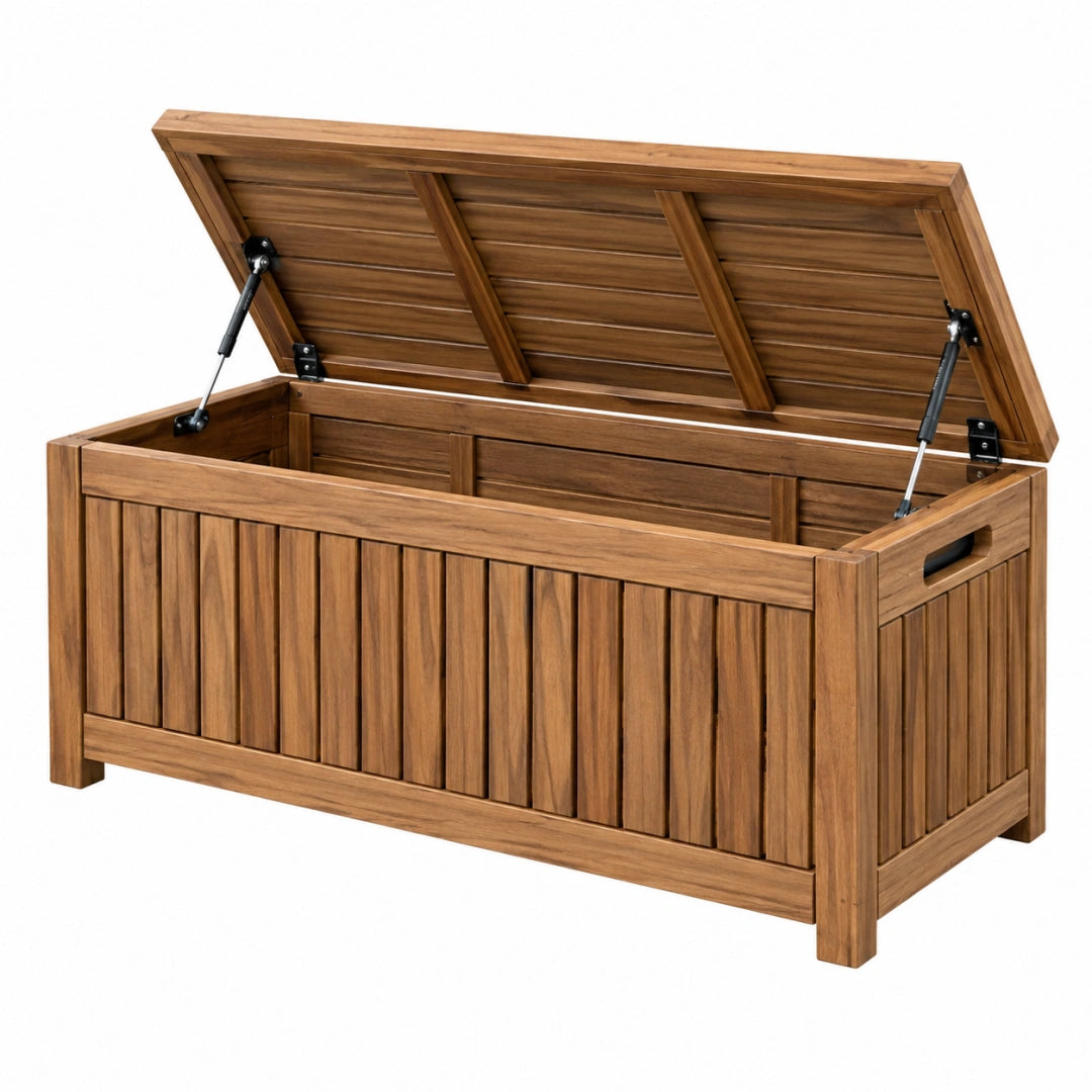 Coffre de rangement extérieur 120 x 60 x 63 cm en bois brun avec couvercle relevable