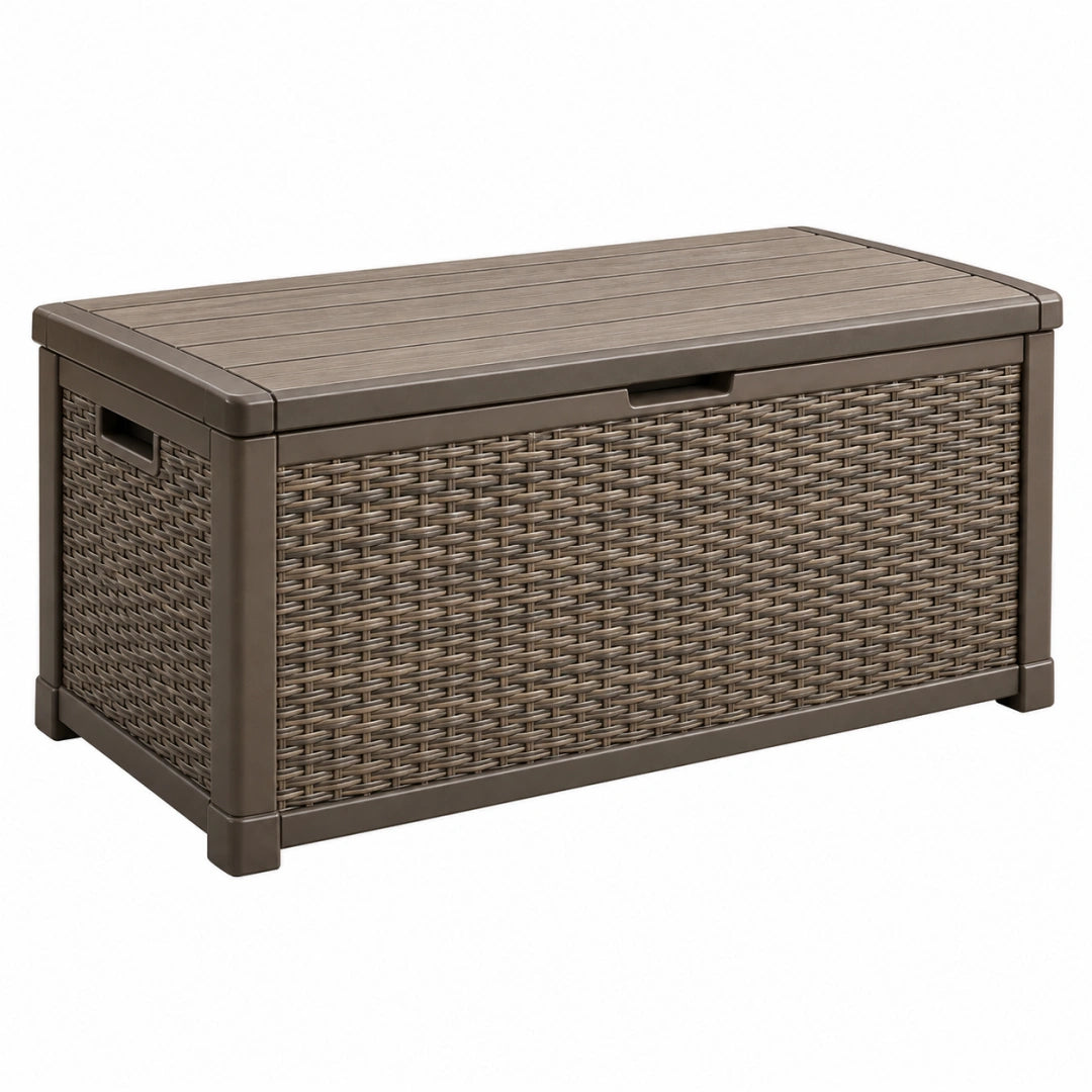 Coffre de rangement extérieur 120 x 56 x 63 cm en plastique brun tressé avec couvercle