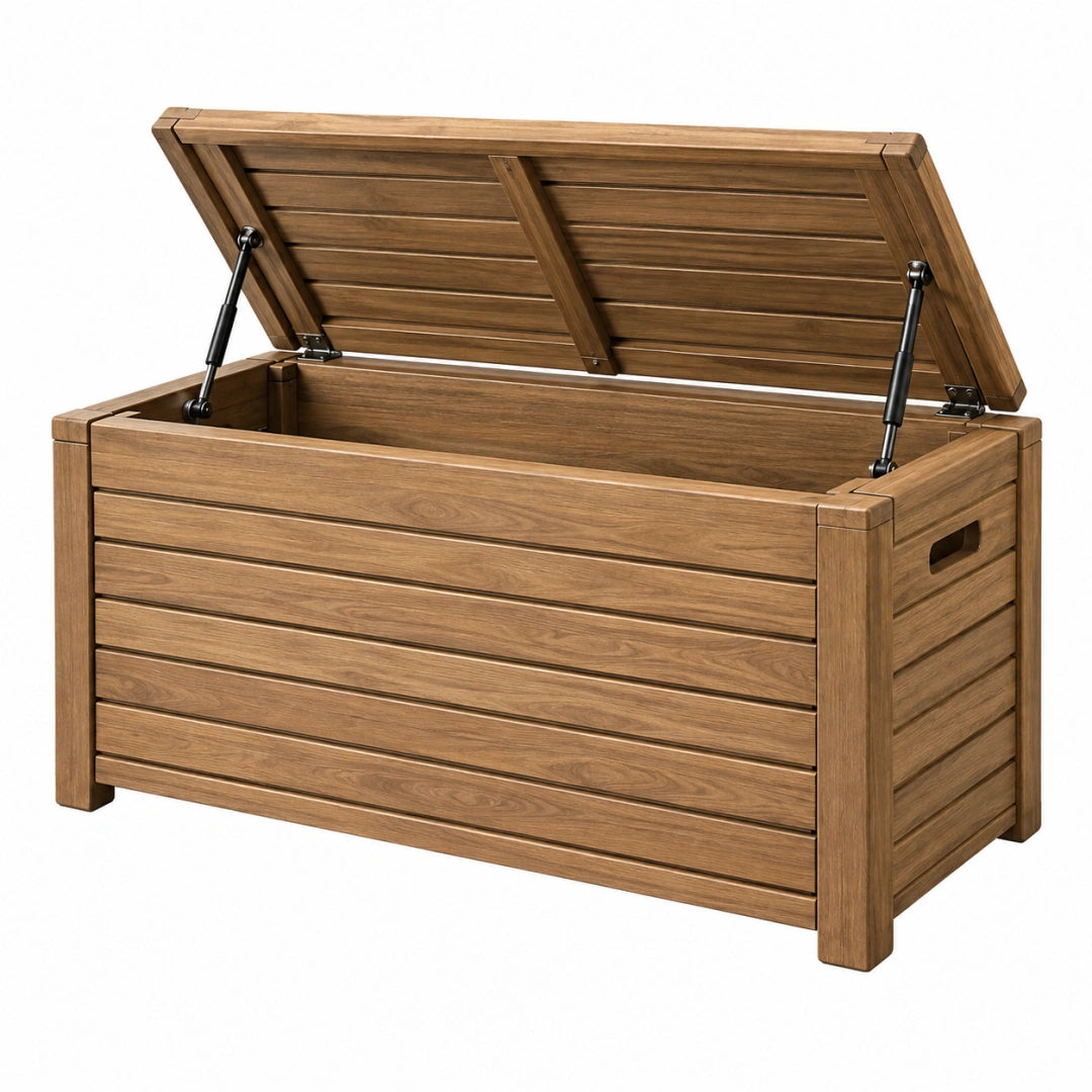 Coffre de rangement extérieur 120 x 60 x 65 cm en bois brun avec couvercle relevable