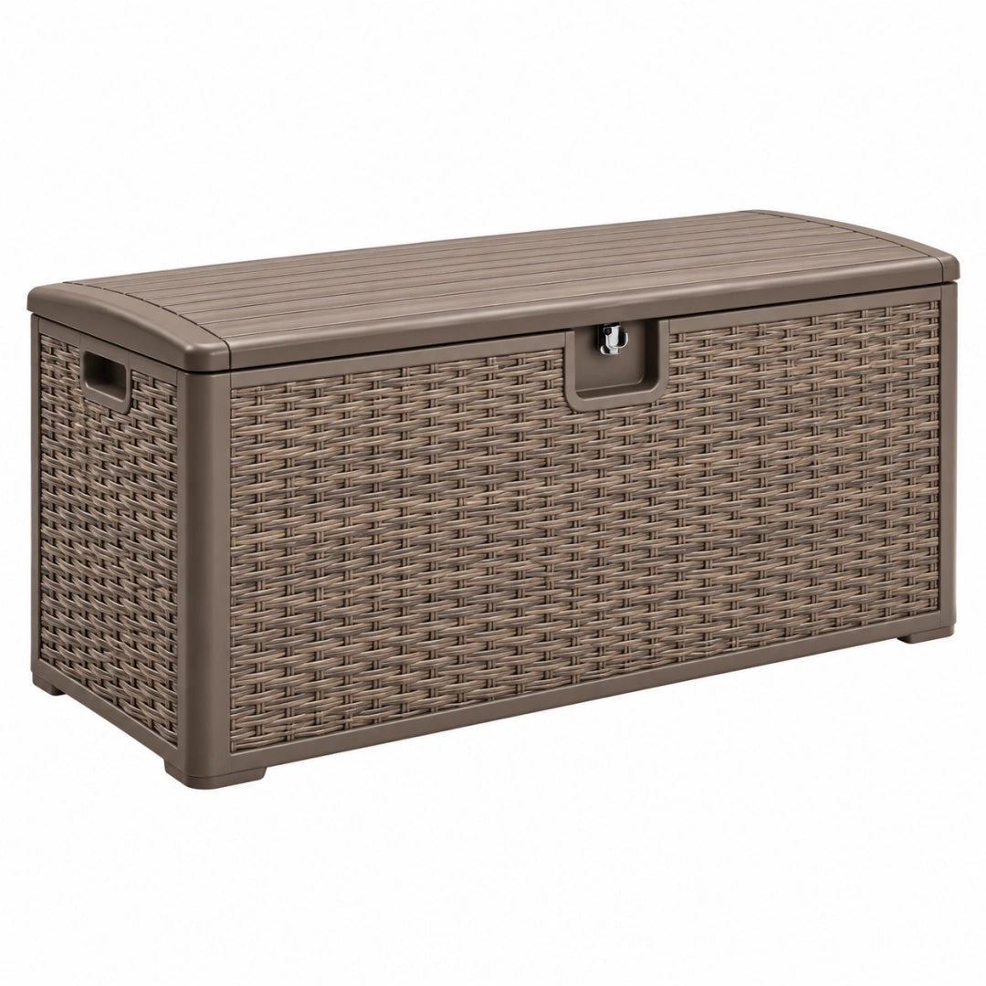 Coffre de rangement extérieur 117 x 45 x 57 cm en résine brun taupe tressée avec couvercle verrouillable