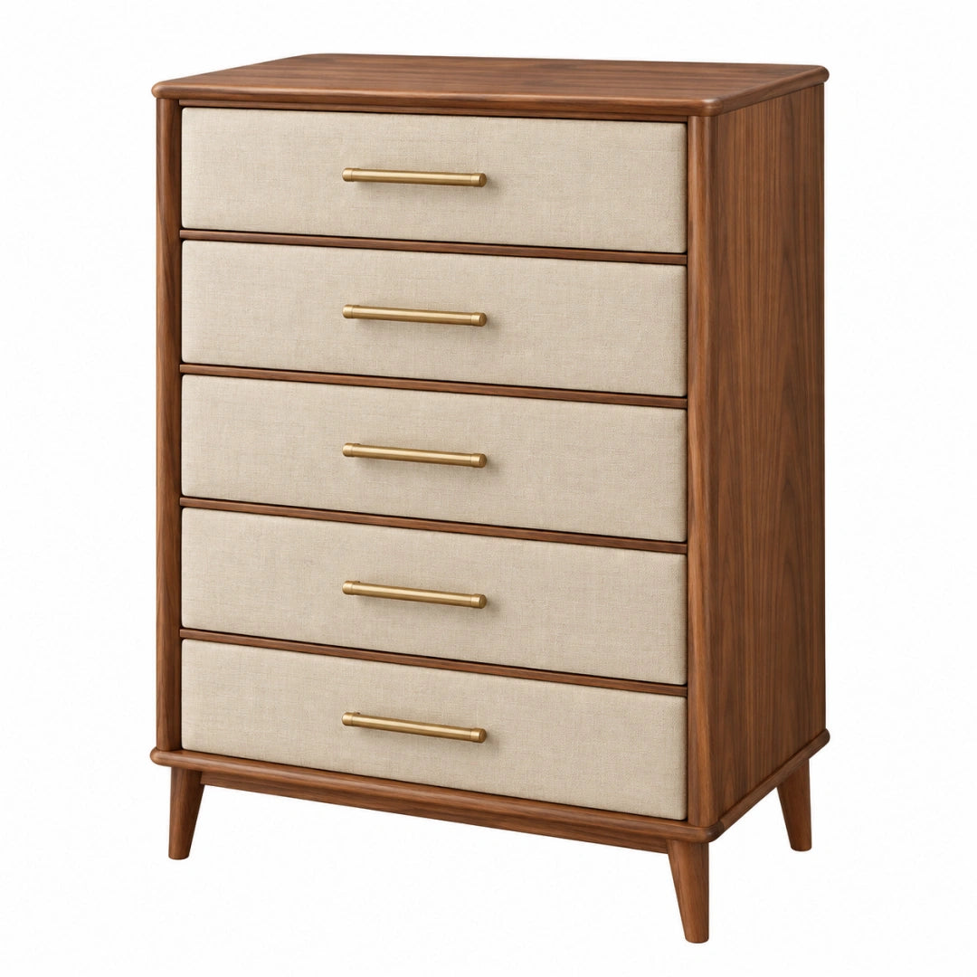 Commode 80 x 42 x 120 cm en bois noyer et tissu beige à 5 tiroirs style rétro