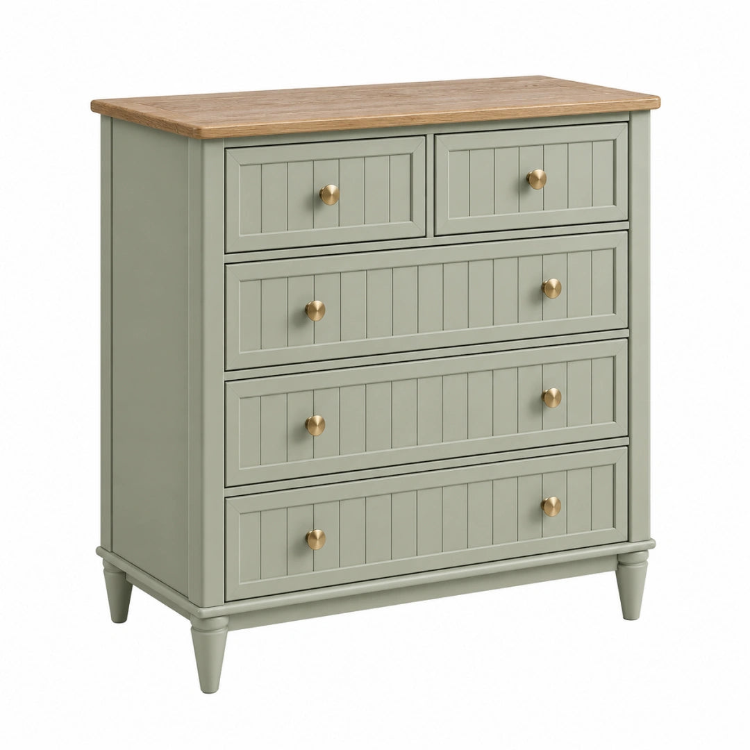 Commode 100 x 45 x 110 cm en panneaux de bois vert sauge avec plateau aspect bois style classique