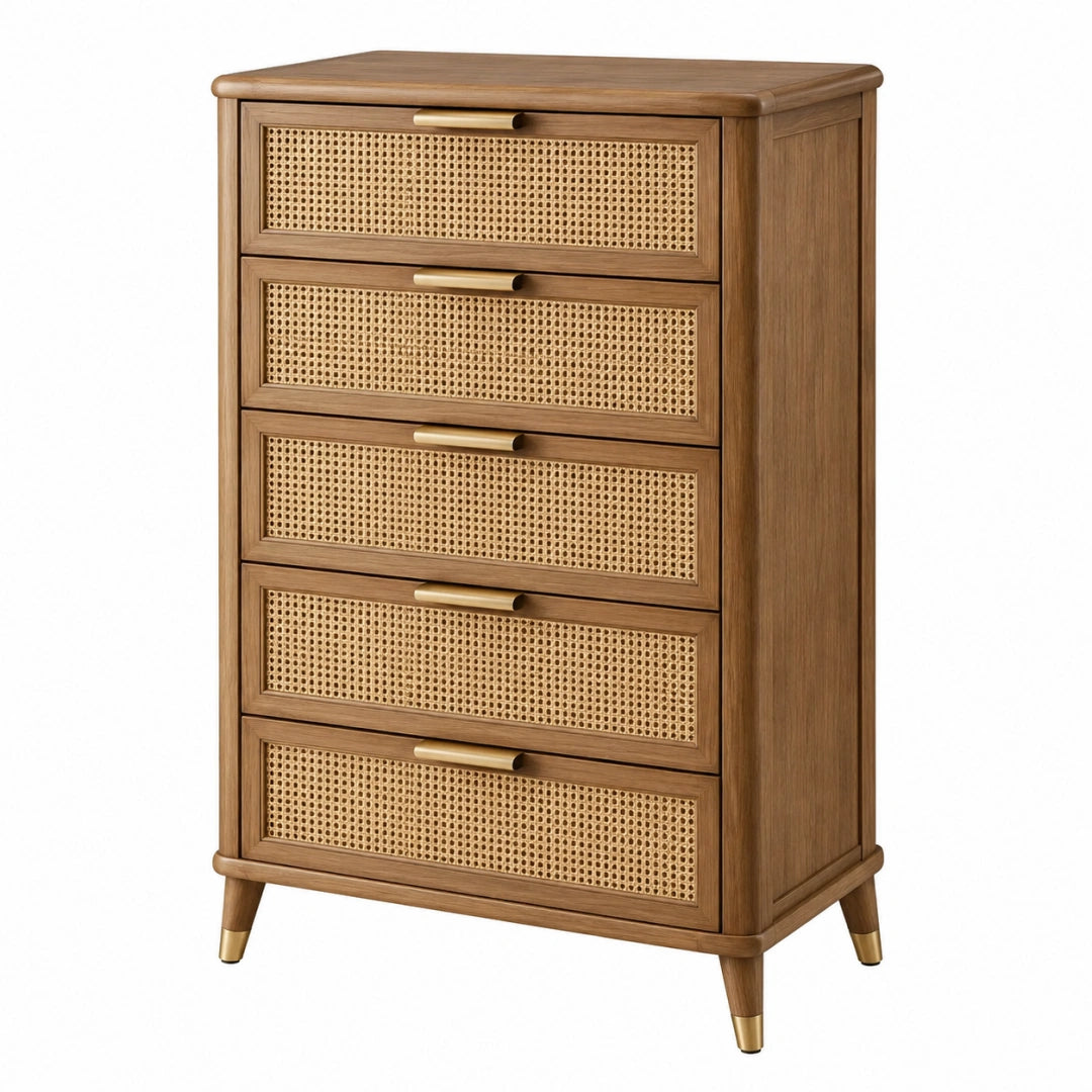 Commode 80 x 42 x 120 cm en bois marron à 5 tiroirs cannés style vintage