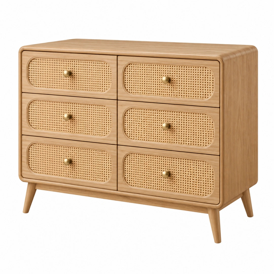 Commode en bois 120 x 40 x 80 cm naturelle à 6 tiroirs cannés style rétro