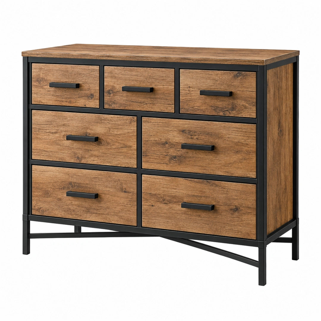 Commode 120 x 40 x 90 cm aspect bois marron métal noir 7 tiroirs style industriel