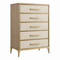 Commode 90 x 45 x 150 cm en bois et tissu beige à 5 tiroirs style contemporain