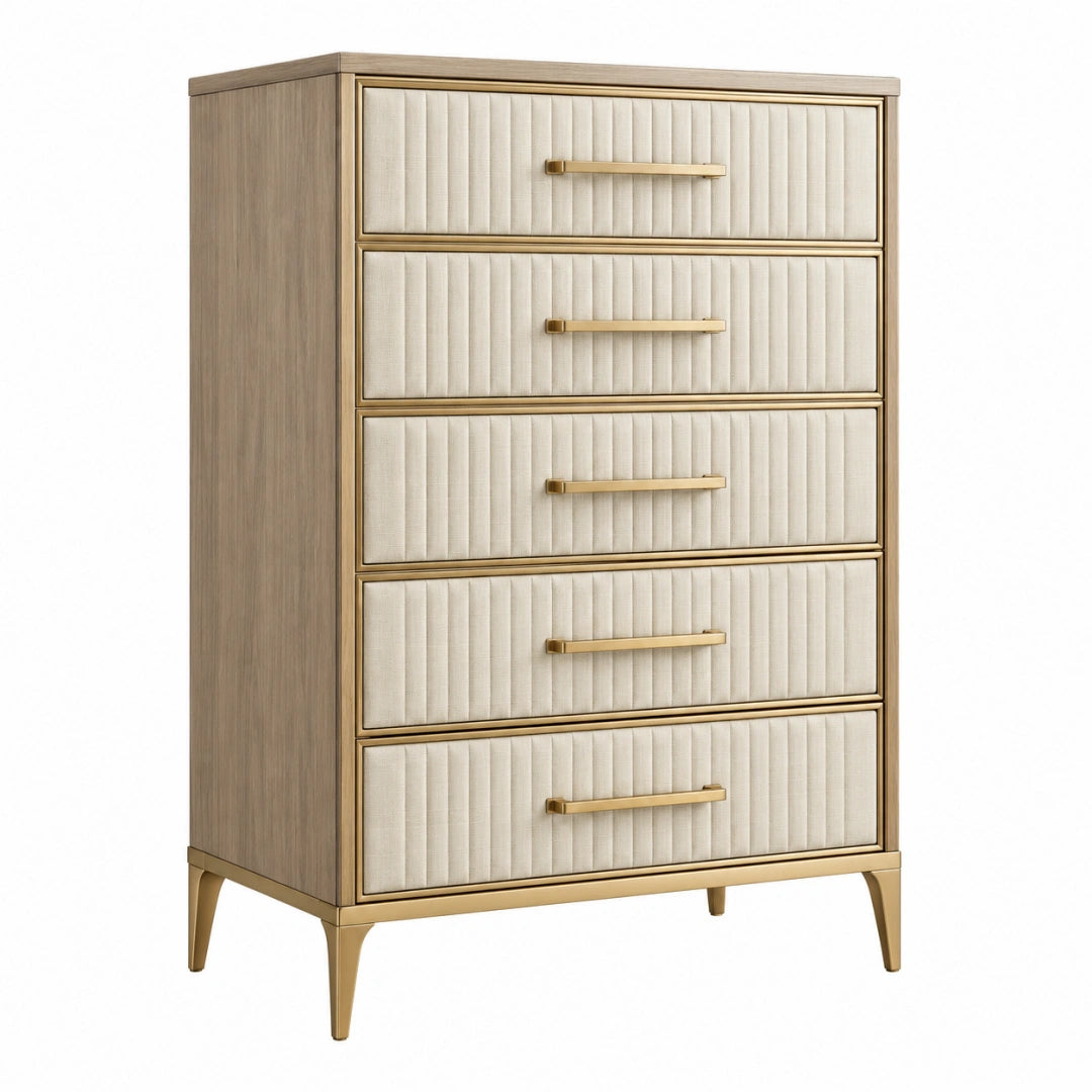 Commode 90 x 45 x 150 cm en bois et tissu beige à 5 tiroirs style contemporain