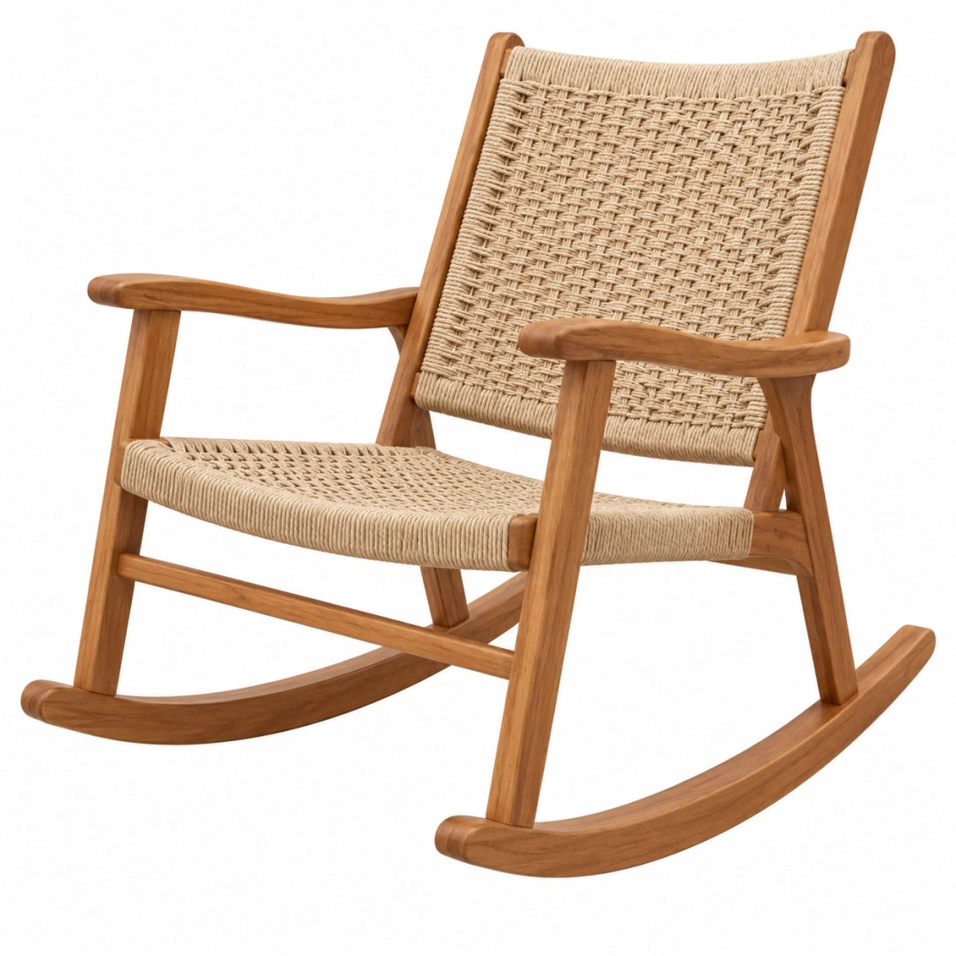 Fauteuil à bascule 68 x 90 x 100 cm en bois brun et corde tressée style naturel