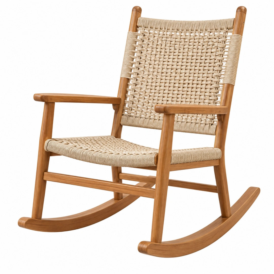 Fauteuil à bascule 65 x 95 x 105 cm en bois naturel et corde tressée style bohème