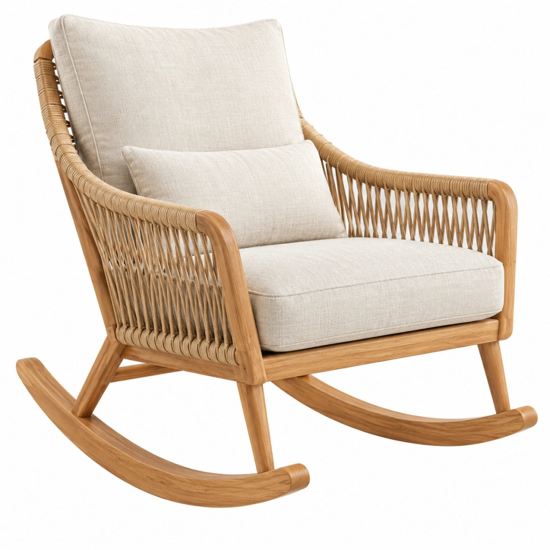 Fauteuil à bascule 105 x 75 x 98 cm en bois naturel et tissu beige style bohème