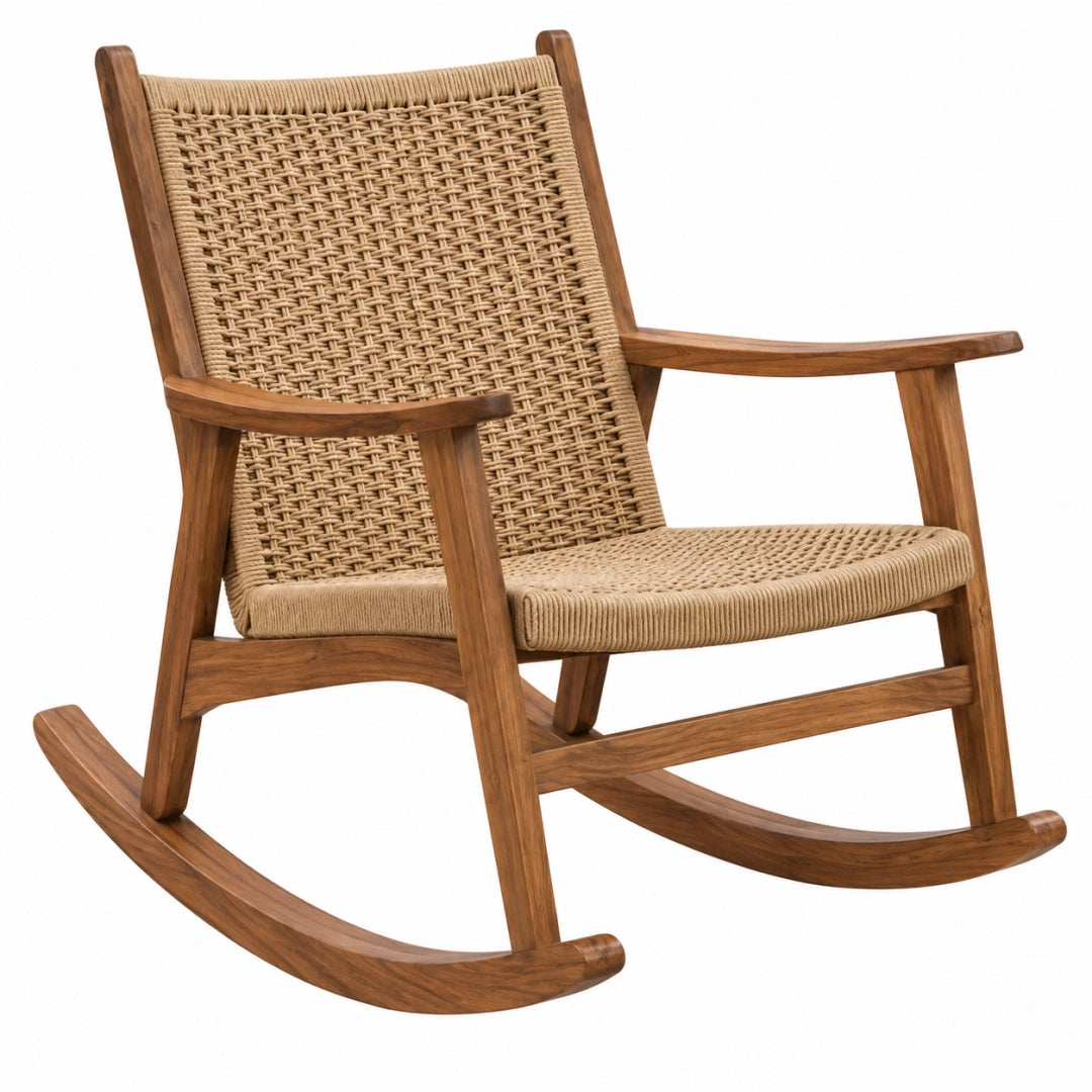 Fauteuil à bascule 100 x 68 x 105 cm en bois marron et cordage beige style naturel