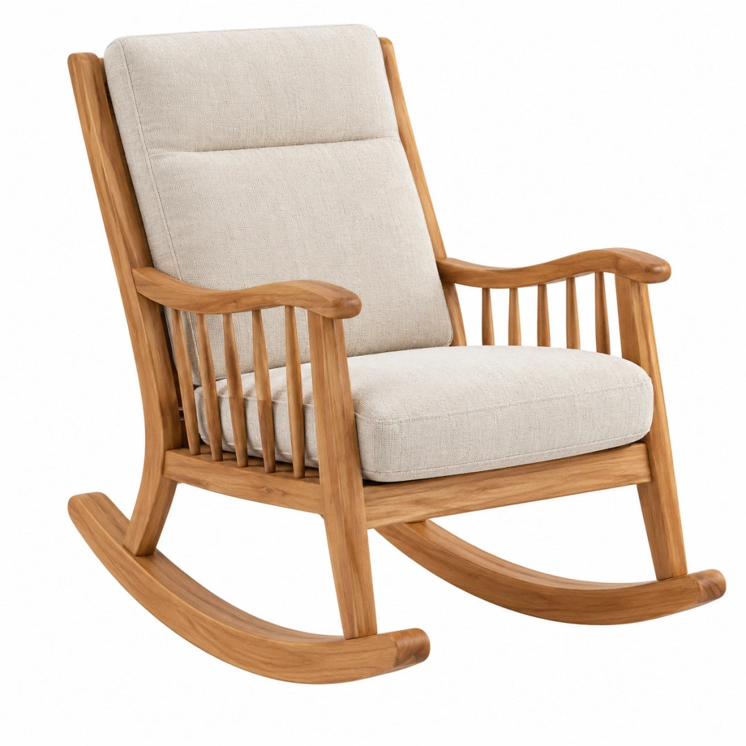 Fauteuil à bascule 70 x 95 x 105 cm en bois et tissu beige style scandinave
