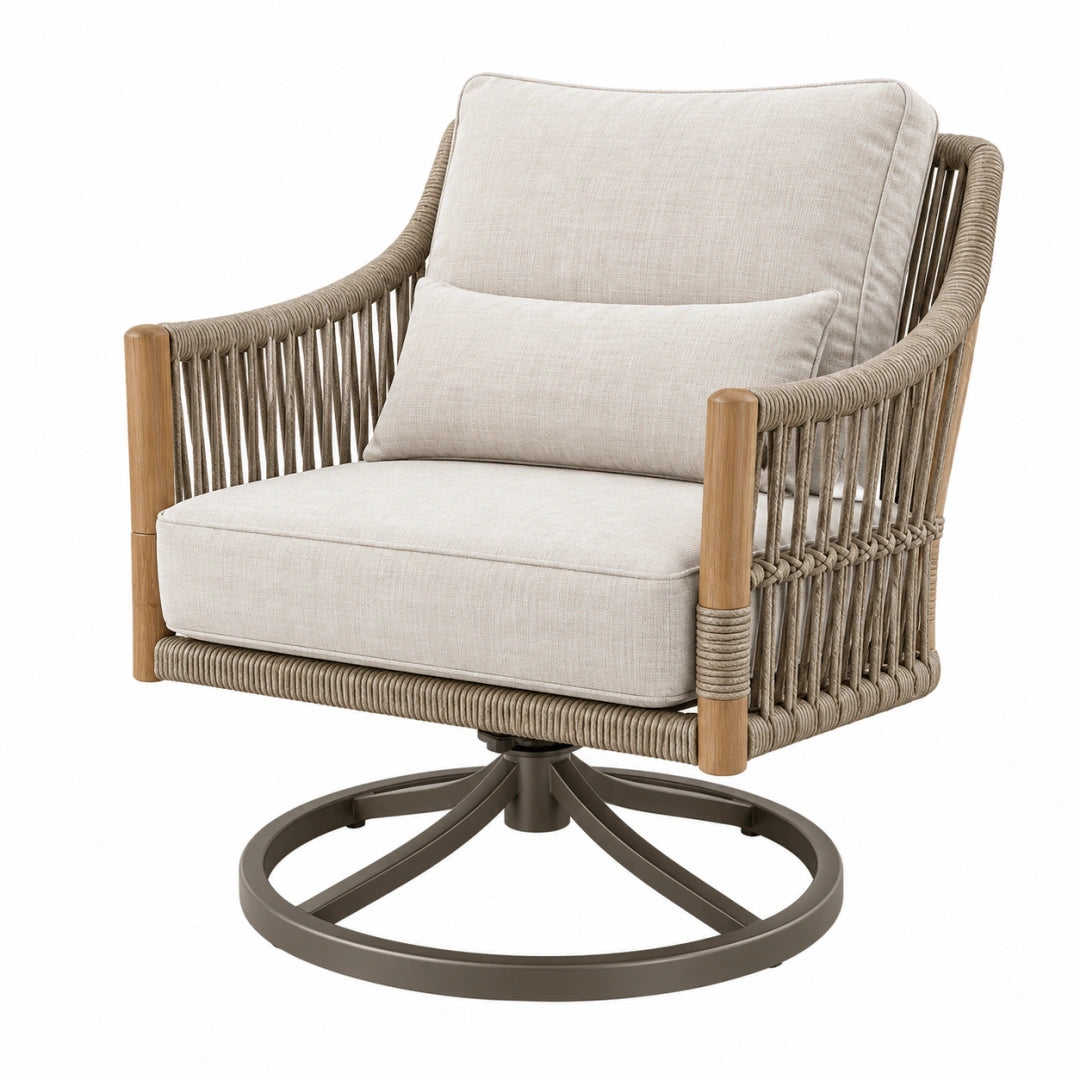 Fauteuil de jardin pivotant 78 x 82 x 88 cm en bois corde et tissu beige