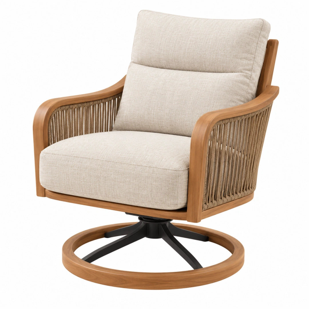 Fauteuil pivotant 80 x 85 x 95 cm en bois naturel et tissu beige style bohème