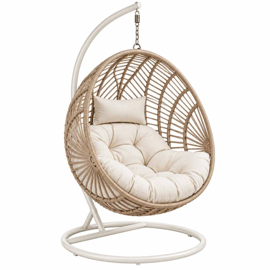 Fauteuil suspendu 105 x 105 x 195 cm en rotin beige avec support en métal blanc