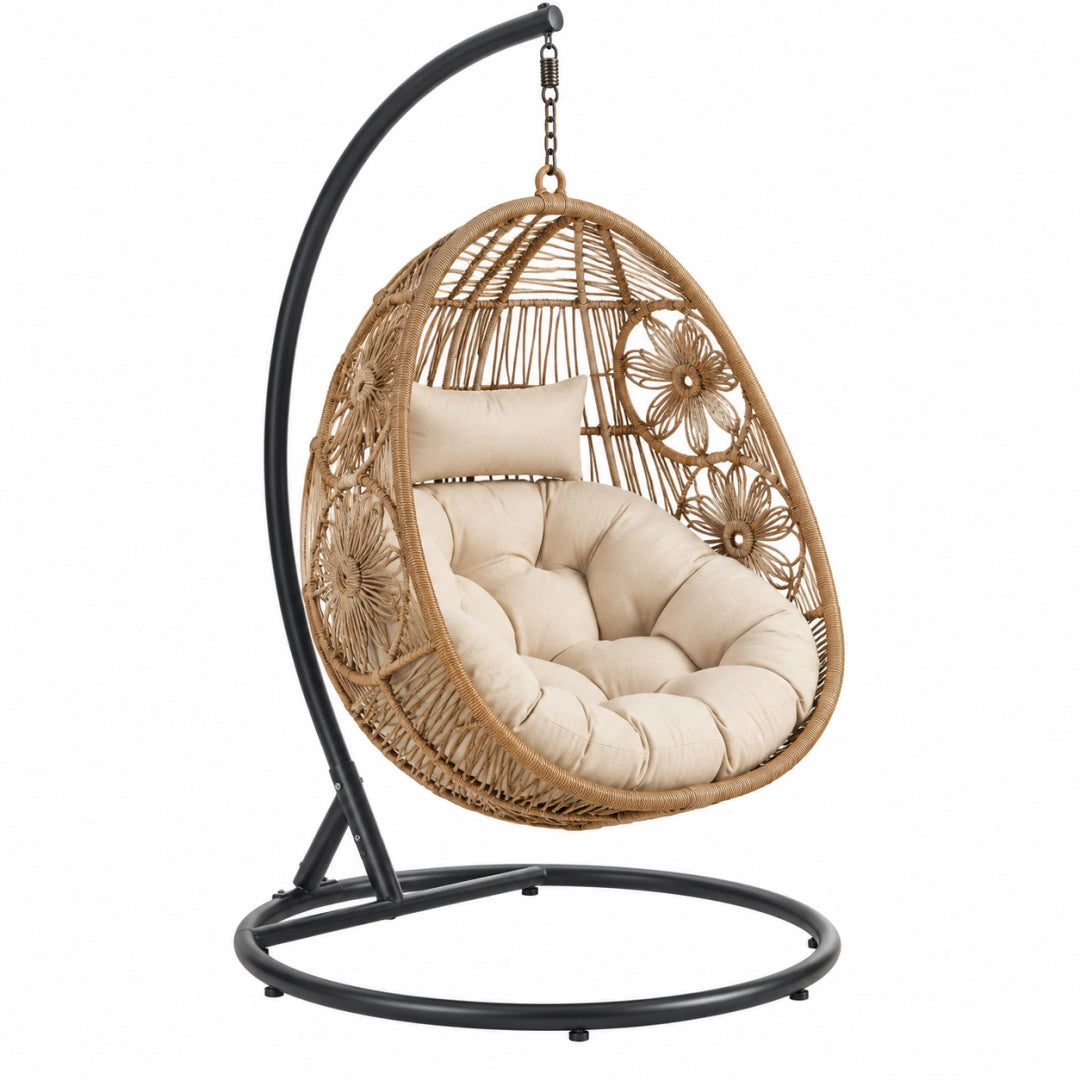 Fauteuil suspendu 105 x 105 x 195 cm en rotin beige et métal noir style bohème