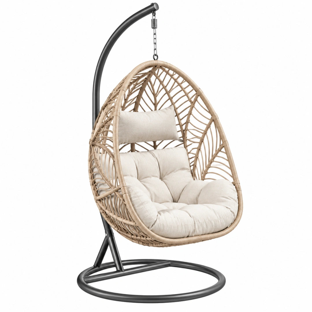 Fauteuil suspendu 120 x 100 x 195 cm en rotin beige avec support en acier noir