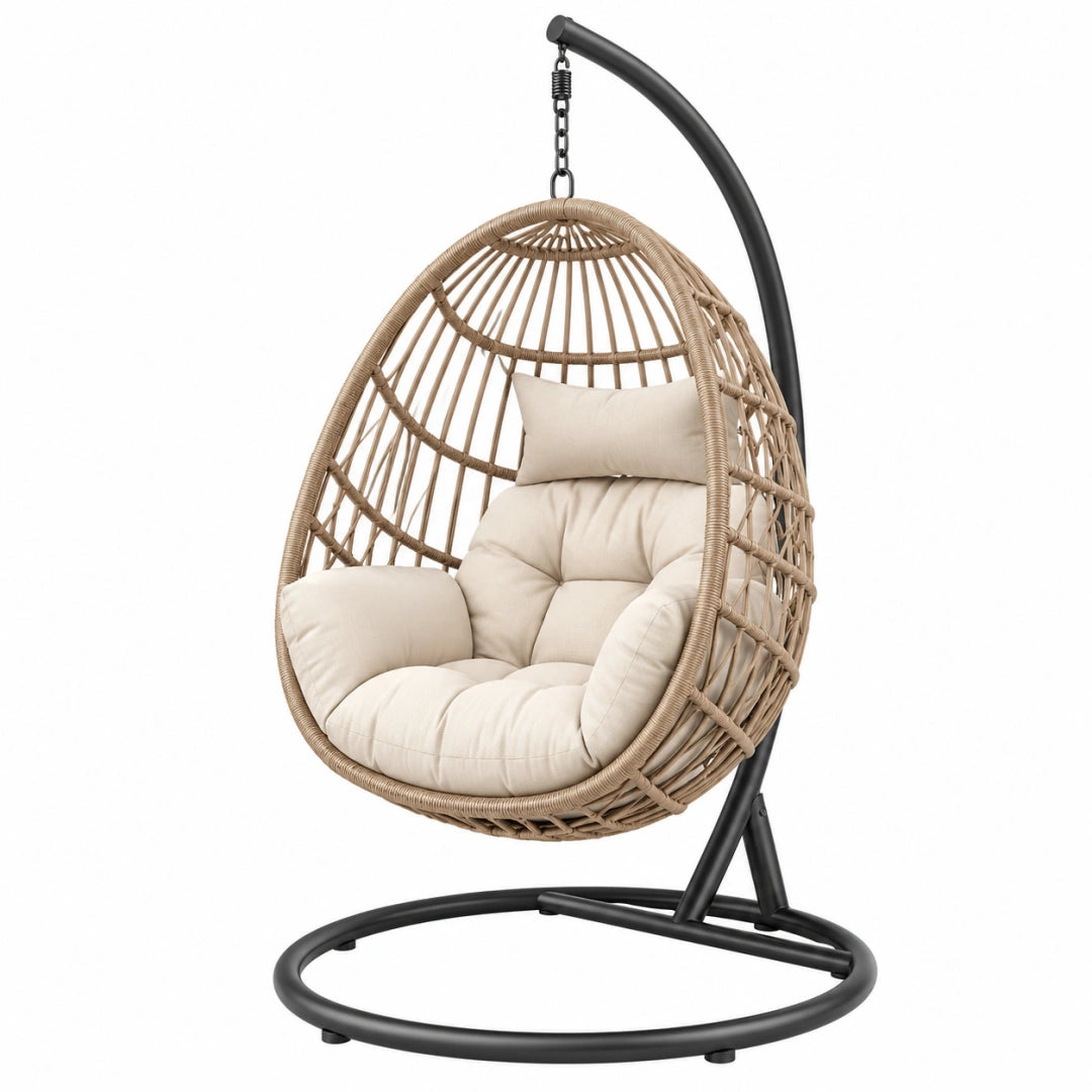 Fauteuil suspendu 105 x 105 x 195 cm en résine tressée beige avec support métal noir style bohème