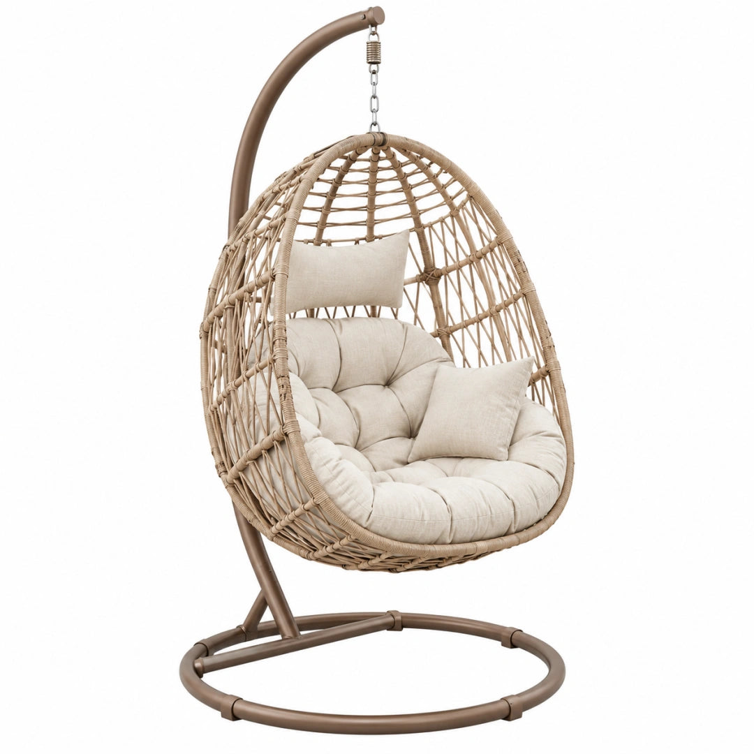 Fauteuil suspendu 105 x 105 x 195 cm en résine tressée beige avec structure en acier