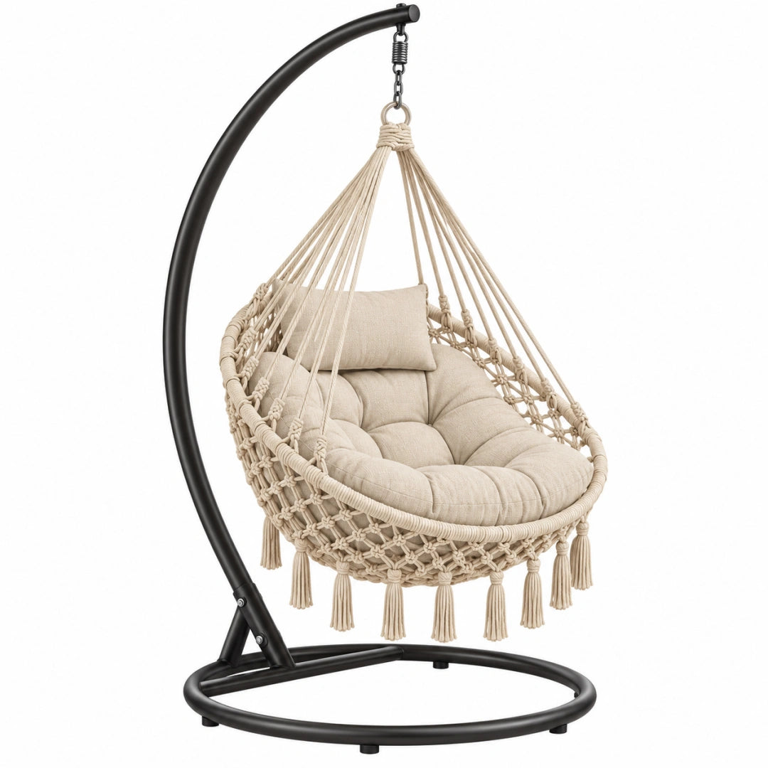 Fauteuil suspendu avec support 100 x 100 x 200 cm coton beige et métal noir style bohème