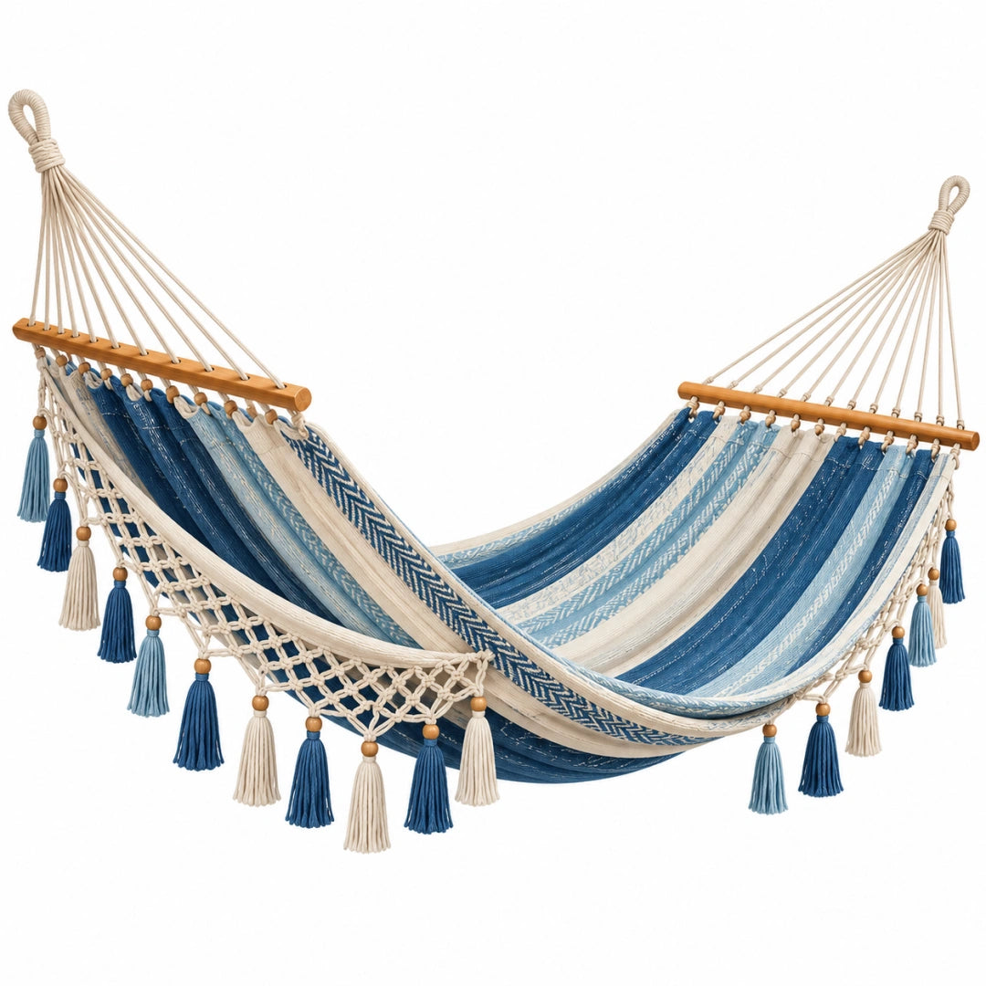 Hamac 300 x 100 cm en coton bleu et beige avec barres en bois style bohème