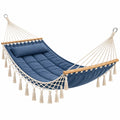 Hamac 200 x 120 cm en coton bleu avec barres en bois suspendu bohème