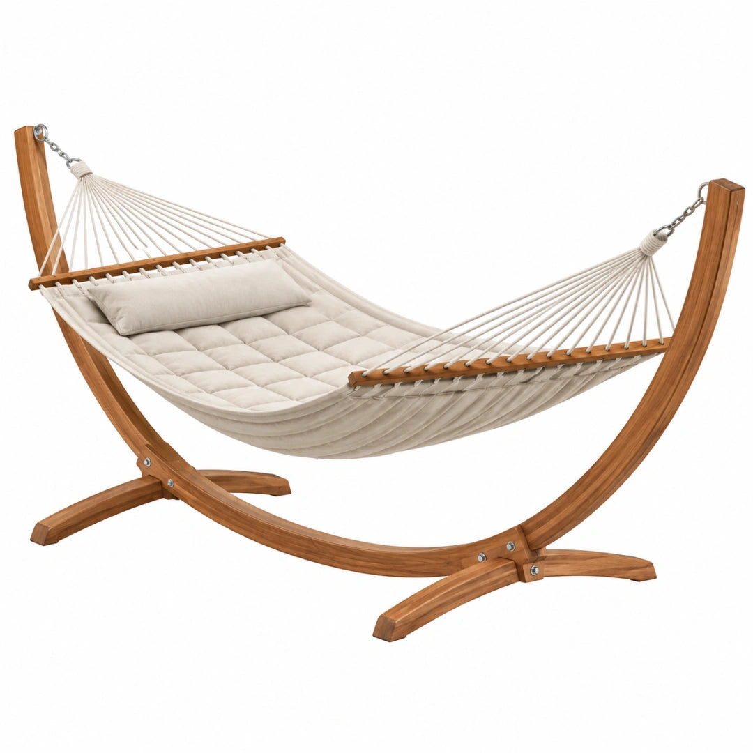 Hamac sur pied 320 x 120 x 110 cm en bois et tissu beige pour jardin style naturel
