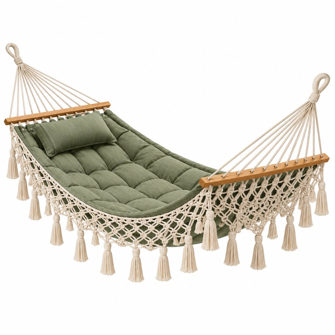 Hamac 200 x 100 cm en coton vert avec barres en bois style bohème
