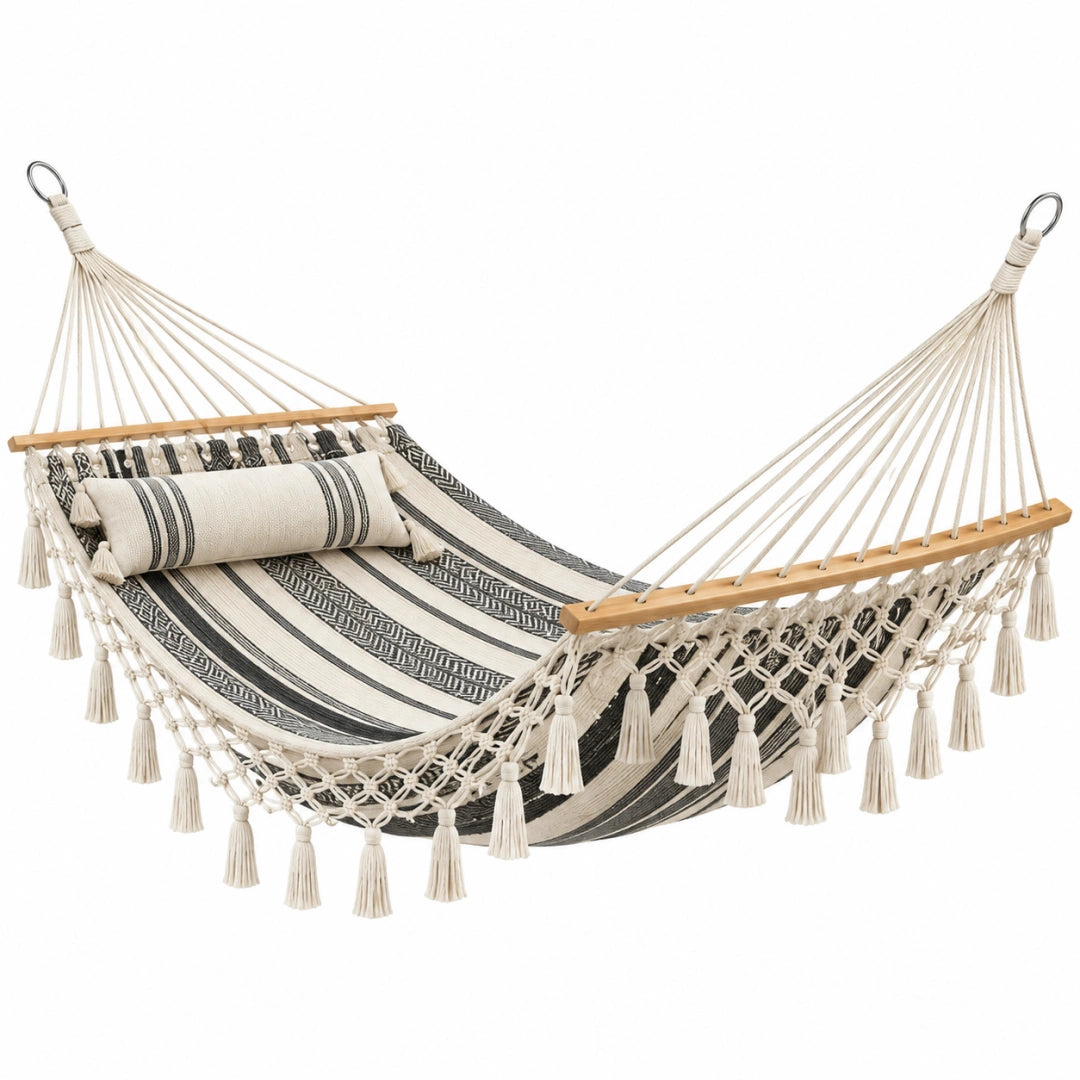 Hamac à barres 320 x 120 cm en coton écru noir style bohème