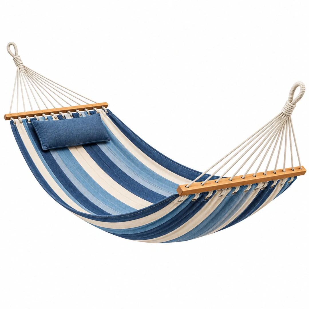 Hamac 300 x 150 cm en textile bleu et blanc avec barres en bois pour jardin